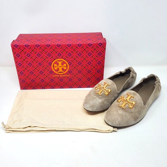 Tory Burch Eleanor Loafer Flat Shoes Suede Classic Taupe 88985 Logo Size US 9 - Picture 2 of 12